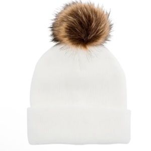 White Ribbed Toque With Faux Fur Pom-pom
